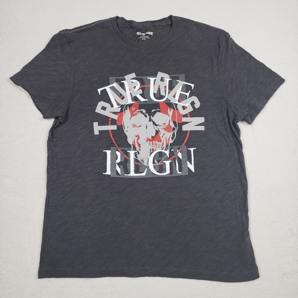 True Religion Shirt Mens XL Black Gray Skull Logo Graphic Faded Y2K Streetwear